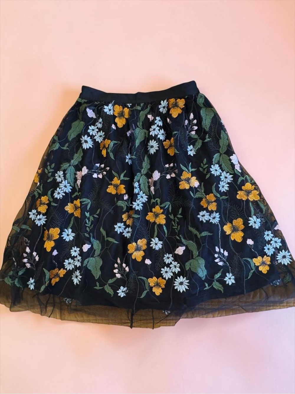 Forever 21 Black Floral Embroidered Skater Skirt with Yellow & Green Accents